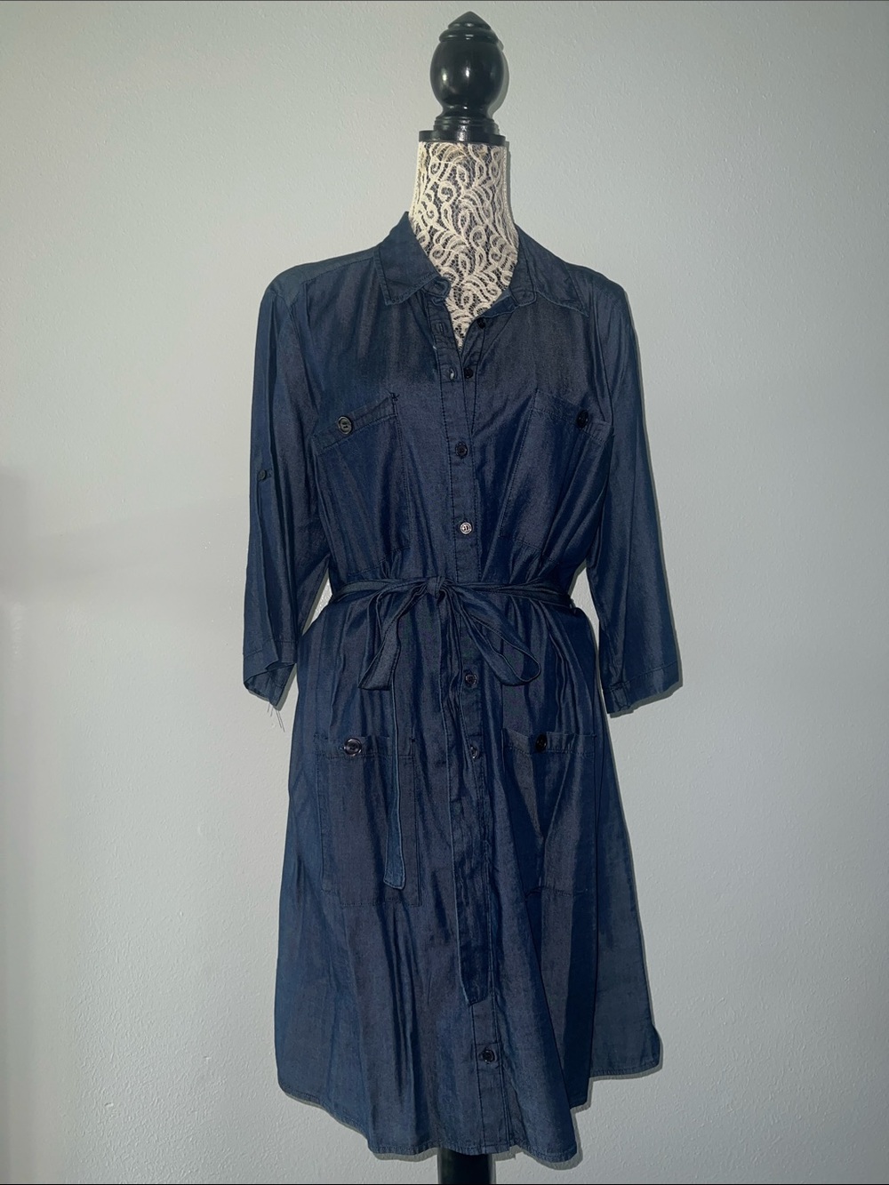 Navy Button-Front Midi Shirt Dress with Waist Tie